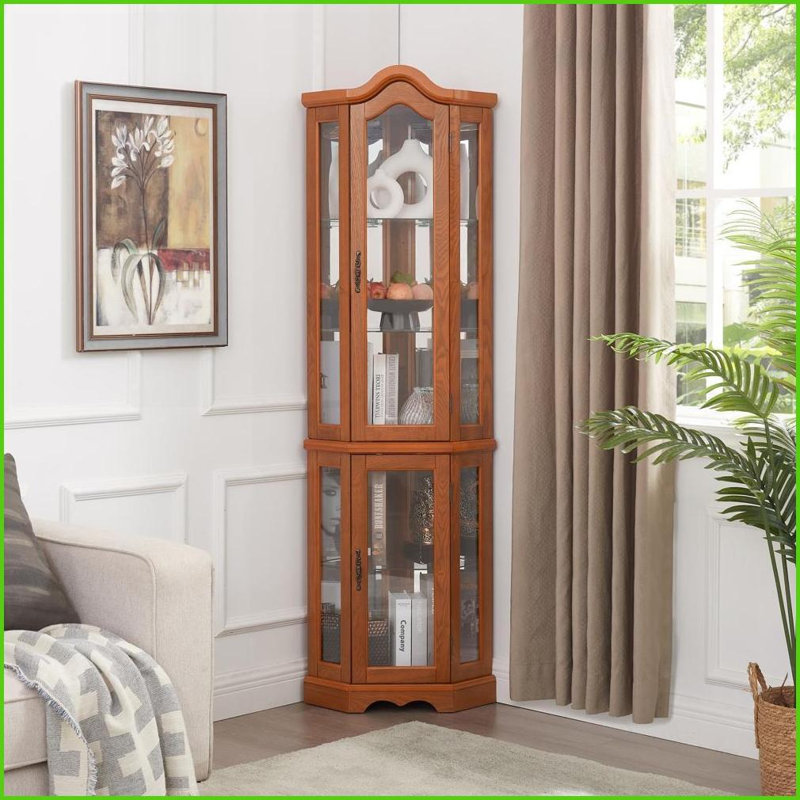 Corner Curio Cabinet | Lighted Tempered Glass | Oak Finish | Included Bulb, Oak