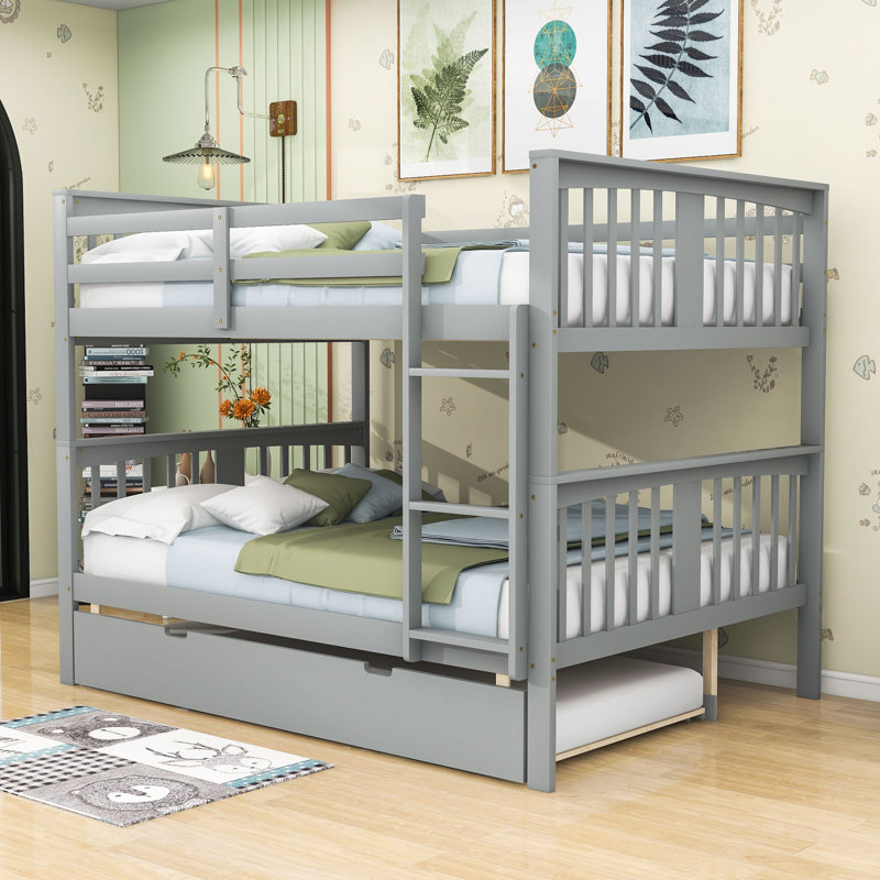 Hielkje Kids Full over Full Wood Bunk Bed with Twin Trundle and Ladder, Gray