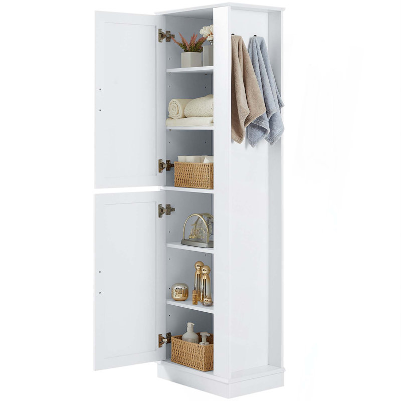 Grande armoire de rangement pour salle de bain, armoire de rangement autoportante avec crochet et tablette réglable, panneau de fibres à densité moyenne