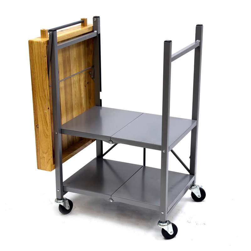 Foldable Silver Kitchen Cart with Wood Butcher Block Top