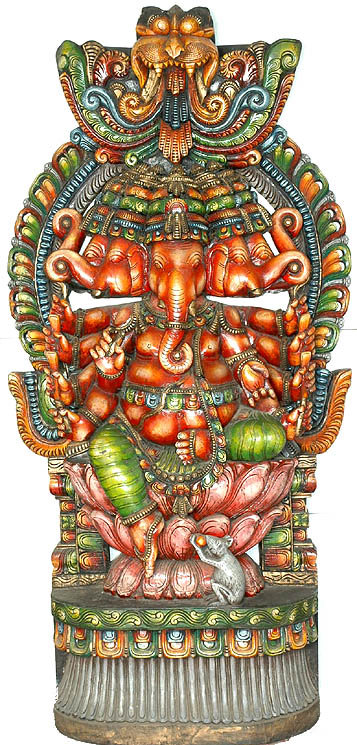 Hand-Carved Wood Five-Headed Ganesha with Rat Sculpture, 70 in. Wall Art     South Indian Temple Carving for Foyer & Meditation Room