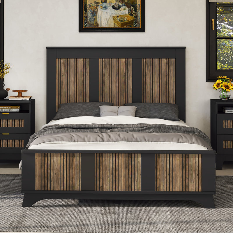 Lit plateforme en bois de style ferme, lit plateforme moderne avec bande en bois, Noir, Lit double