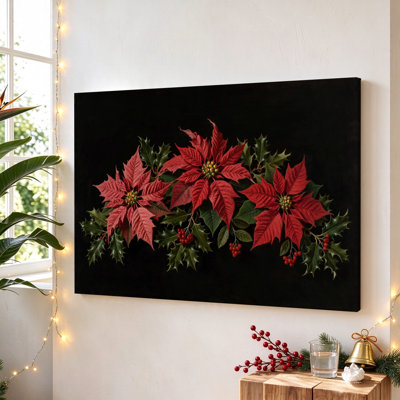 Poinsettias rouges sur fond noir, art mural sur toile noir, 16 po x 24 po, décoration murale moderne pour le salon et la chambre à coucher