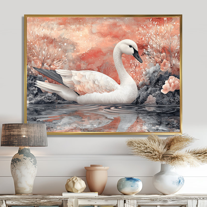 Rose cygne, reflets de l'élégance - cygnes, art mural, H 34 po x l 44 po, Avec cadre, Doré