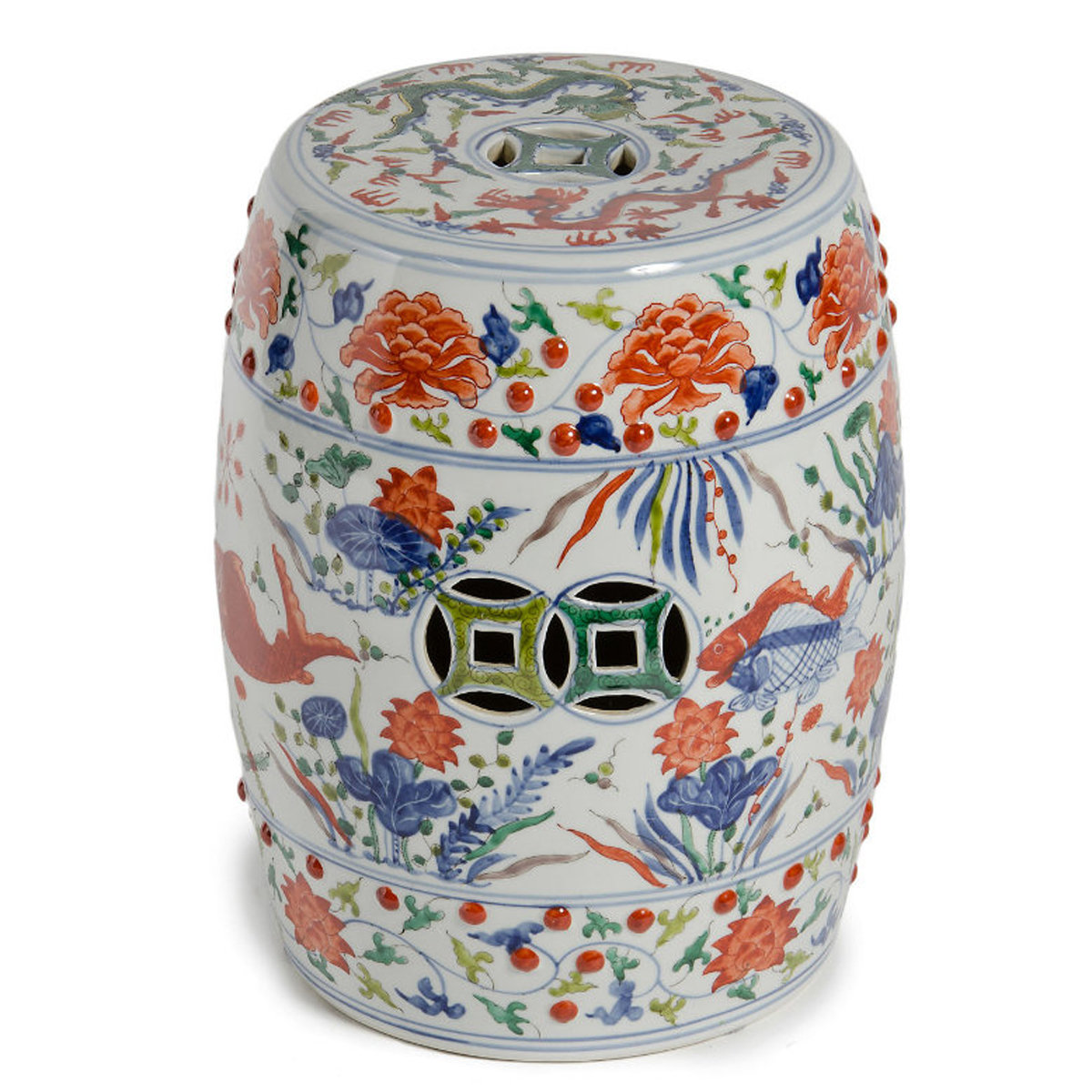Tabouret Céramique Chinois Poissons Koi Bleu Blanc - Diamètre 33 Cm, Hauteur 46 Cm, Fait Main, Pour Jardin Ou Intérieur