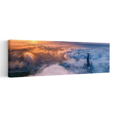 Serene Statue Golden Mist Dramatic Serene Tranquil Mountain Sunrise Wall Art