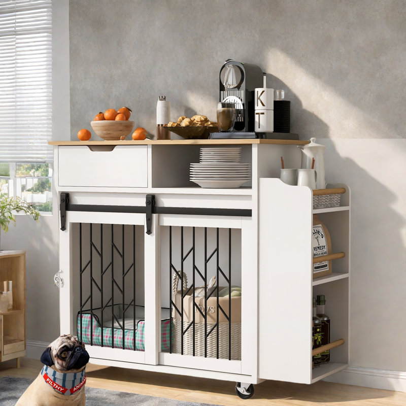 Îlot de cuisine mobile moderne avec un tiroir, une armoire avec portes coulissantes, une tablette ouverte, des tablettes latérales et un abattant