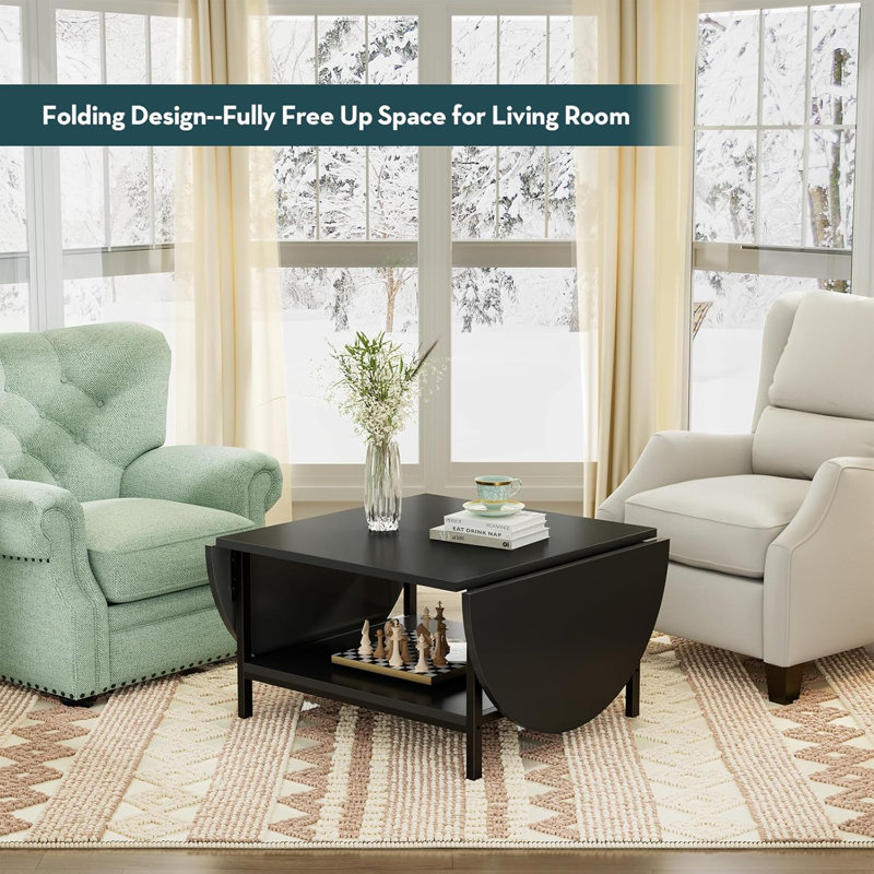 Black Extendable Coffee Table with Storage and Metal Legs