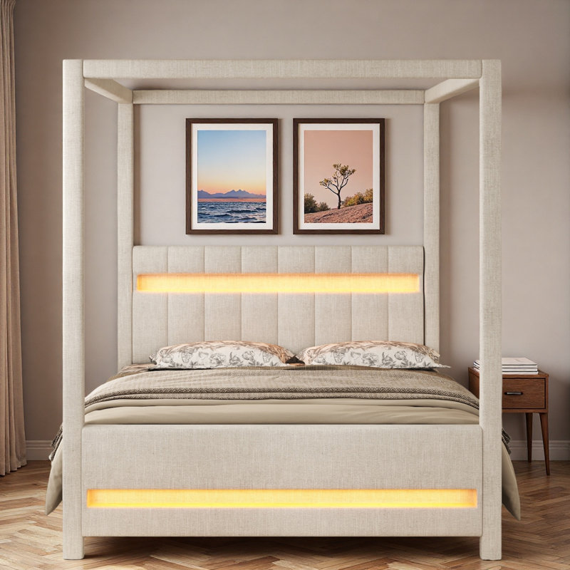 Lit plateforme à baldaquin avec tête de lit tapissier et lumières DEL