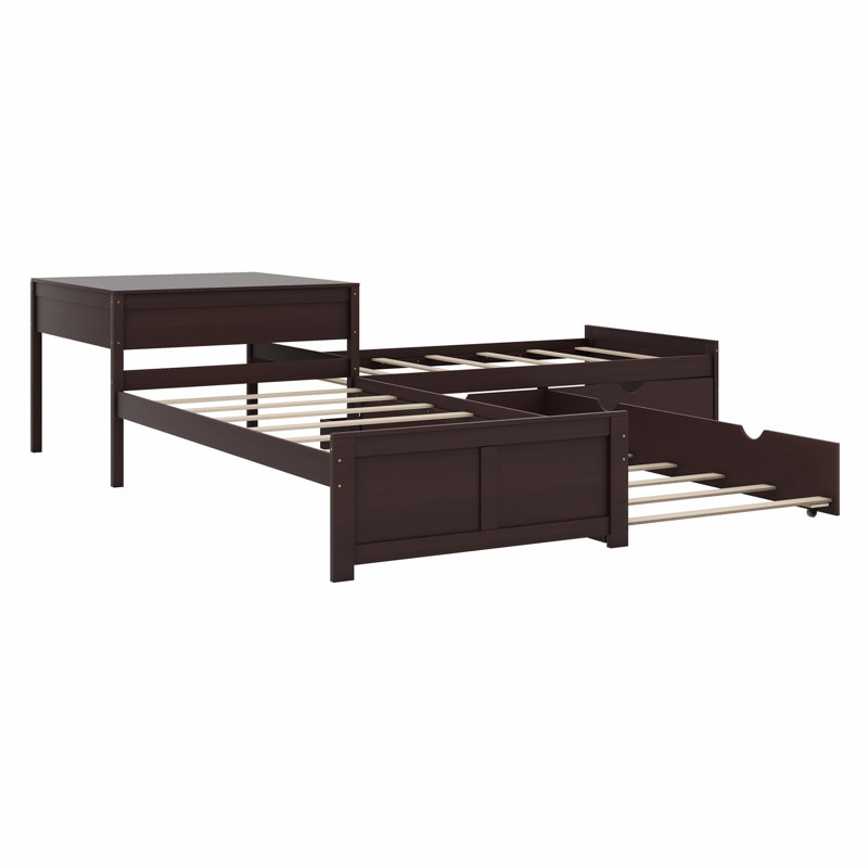 L-Shaped Platform Bed With Trundle,Drawers And Built-In Desk, Espresso