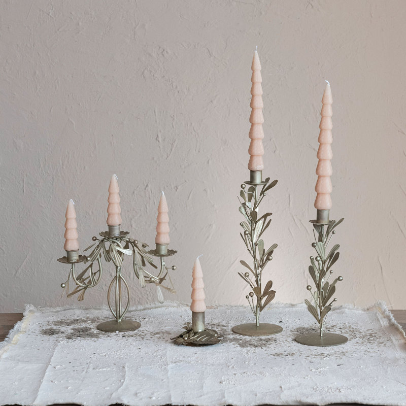 Tall Metal Taper Candleholder With Leaves And Berries, 12.5" H x 4" W x 4" D