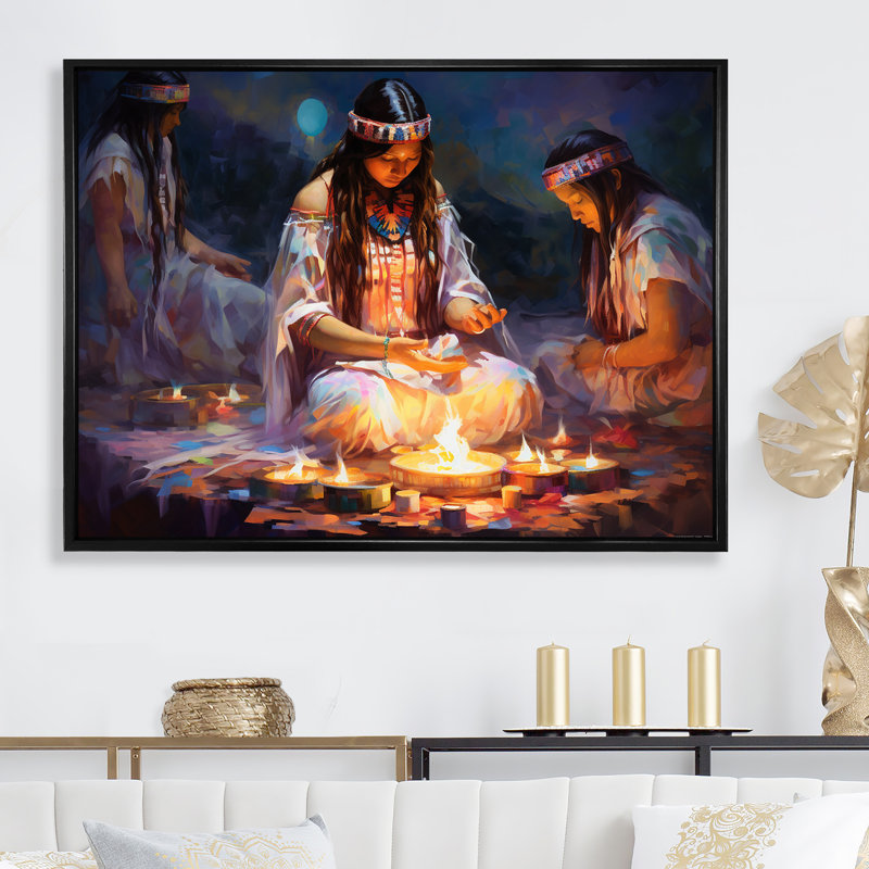 Native American Heal Ritual Memory - Art mural sur toile, art amérindien, Cadre flottant noir, H 30 po x l 40 po x P 1,5 po