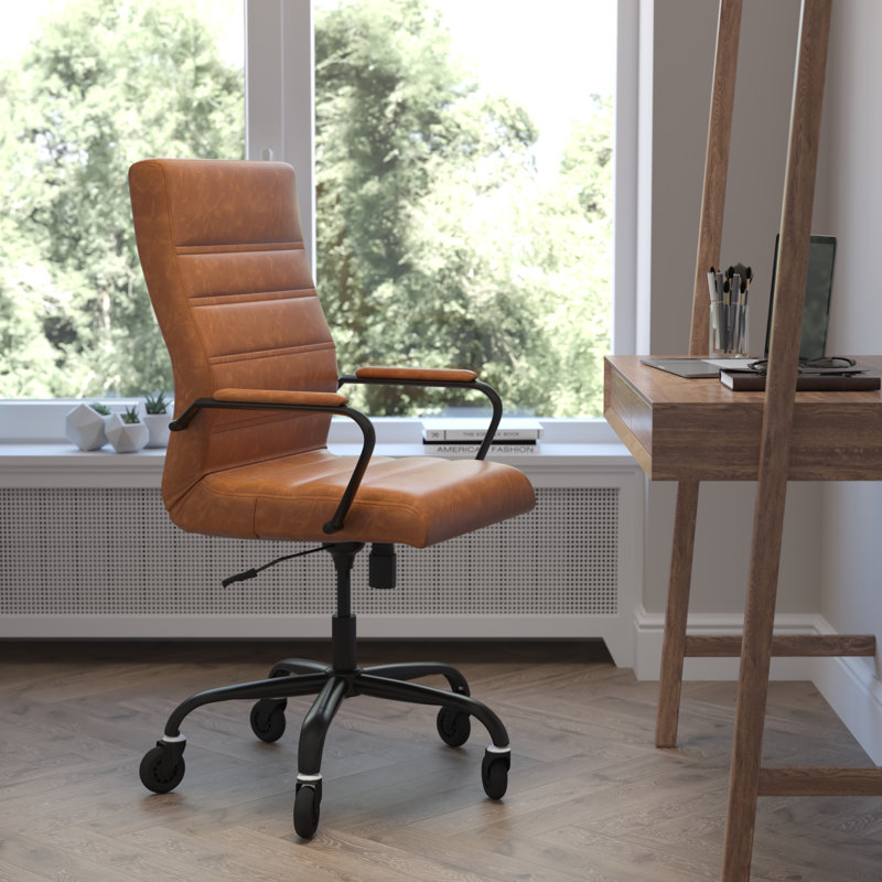 High Back Executive Swivel Office Chair with Frame, Arms, and Transparent Roller Wheels, Brown, Black