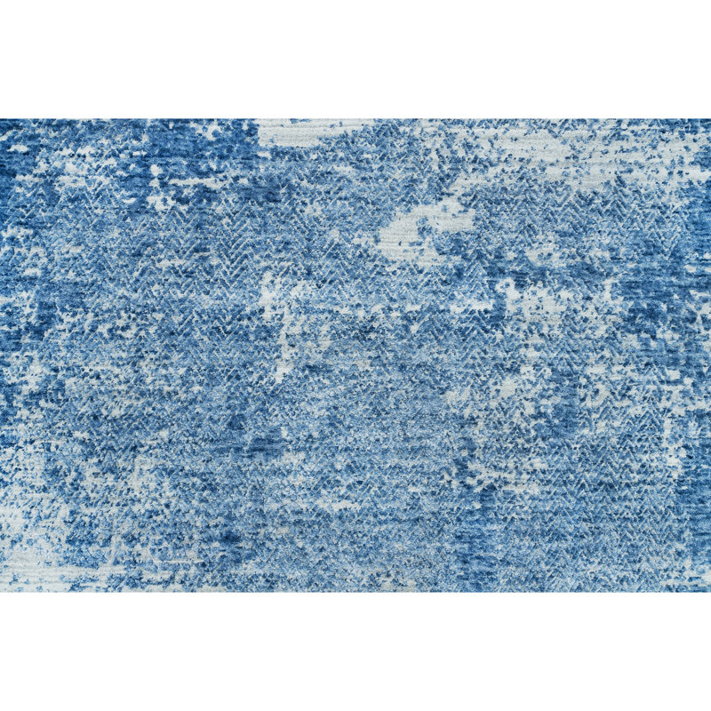 Tapis argenté et bleu noué à la main de haute qualité, Rectangle 6 pi x 9 pi