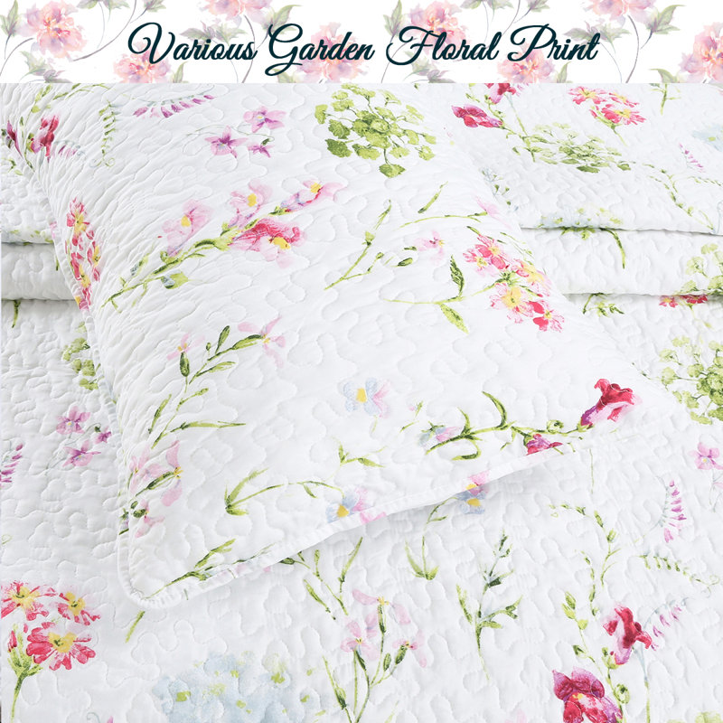 White Floral Microfiber Reversible Queen Quilt Set