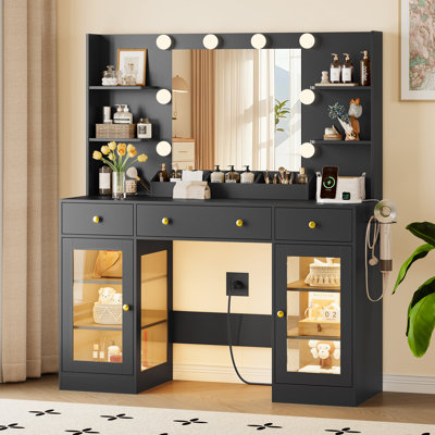 47-inch Makeup Vanity Desk with LED Mirror, RGB Glass Cabinet, Power Outlet & 3 Drawers, 3 Lighting Modes