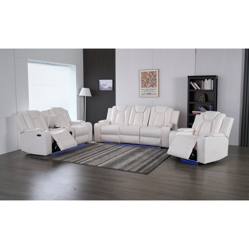 Ensemble de salon 3 pièces inclinable électrique moderne en similicuir avec éclairage DEL, recharge sans fil, ports USB-C / USB, haut-parleurs Bluetooth, console de rangement et table rabattable