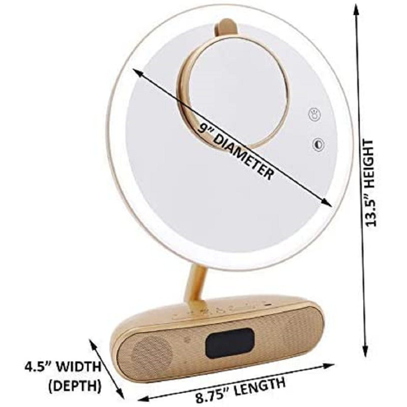 Miroir de maquillage rond Melody de 9 pouces avec haut-parleurs et capteur tactile, Champagne doré