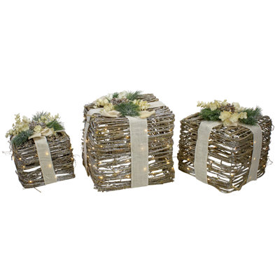 Ensemble de 3 boîtes-cadeaux de Noël en rotin à DEL argent avec pommes de pin - 13 po