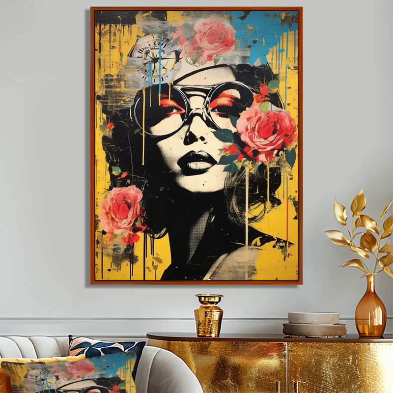 Rétro collage de beauté rétro - Portraits abstraits, art mural, salon, Cadre flottant brun, H 44 po x l 34 po