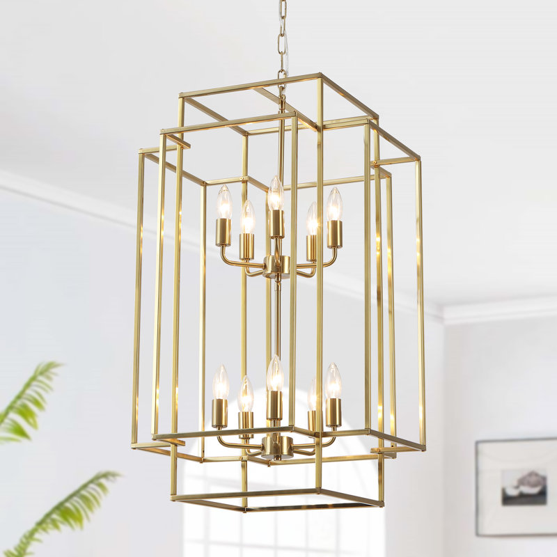 2-Tiers Large 10- Light Dimmable Farmhouse Lantern Square/Rectangle Chandelier, Brass, 30.71" H x 19" W x 19" D