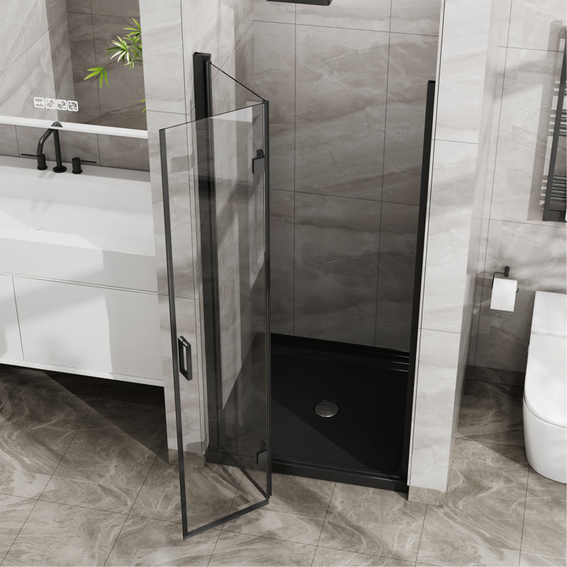 34"X 72" Bifold Frameless Glass Shower Door 1/4 Inch Tempered Clear Glass Pivot Swing Shower Panel In Black Finish, Foldable