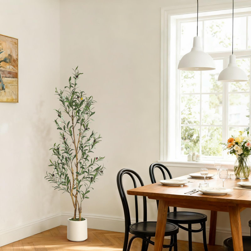 Olive artificielle avec feuilles en fausse soie et fruits réalistes, tronc en bois naturel, pot en céramique avec mousse verte