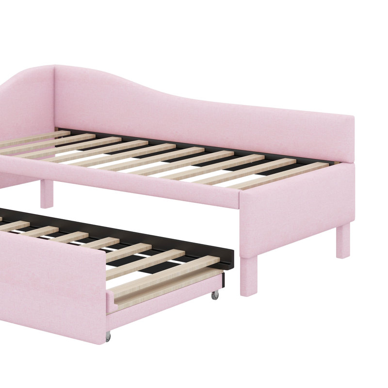 Twin Size Upholstered L-Shaped Upholstered Daybed With Trundle, Pink