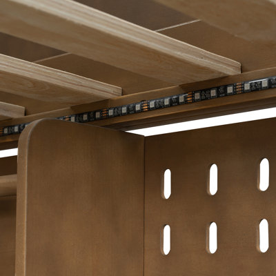 Lit superposé en bois Queen/Queen avec lumières DEL RVB, ports USB, étagères de rangement, panneau perforé et bibliothèque, brun