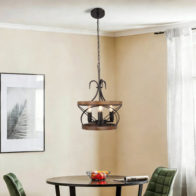 Vintage Wood & Iron 4-light Pendant Chandelier With Warm Bulbs