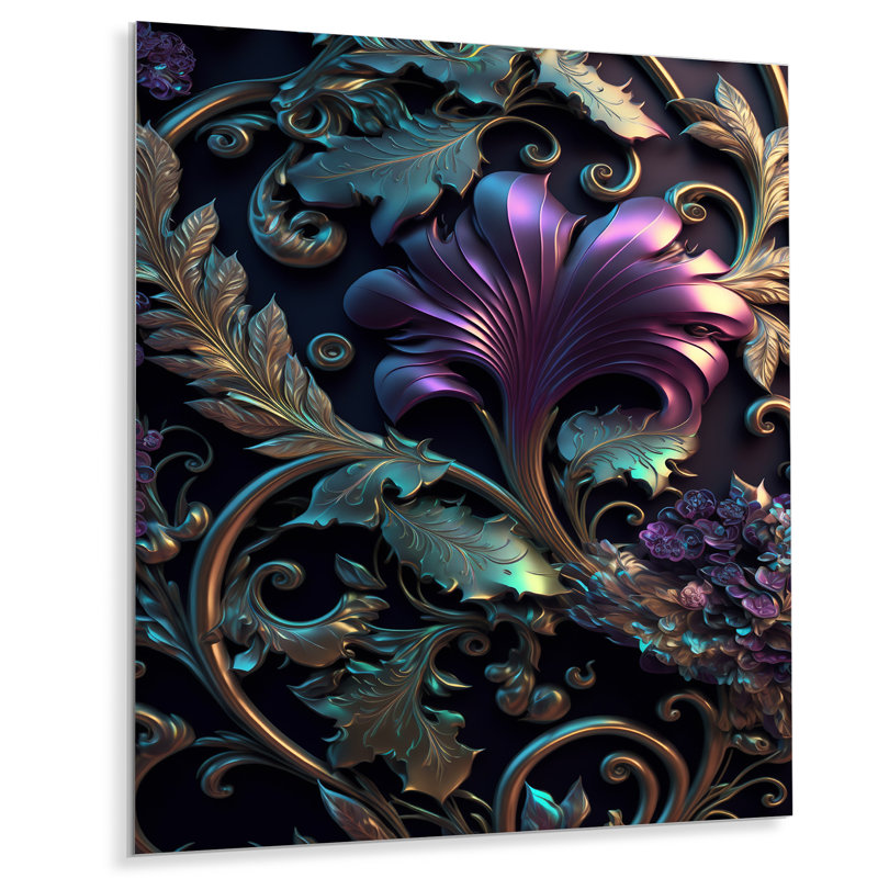 Abstract Ornate Flowers In Purple And Gold IV - Floral Metal Wall Art, 40" H x 30" W x 1" D