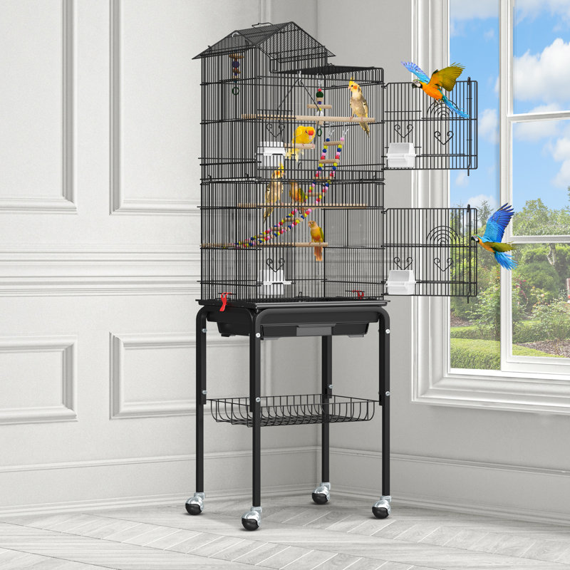 Large Black Metal Bird Cage with Rolling Stand and Toys