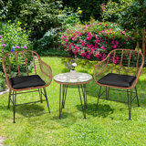 Brookley 3pcs Patio Rattan Bistro Set Coffee Table Armchair Garden Red Cushion
