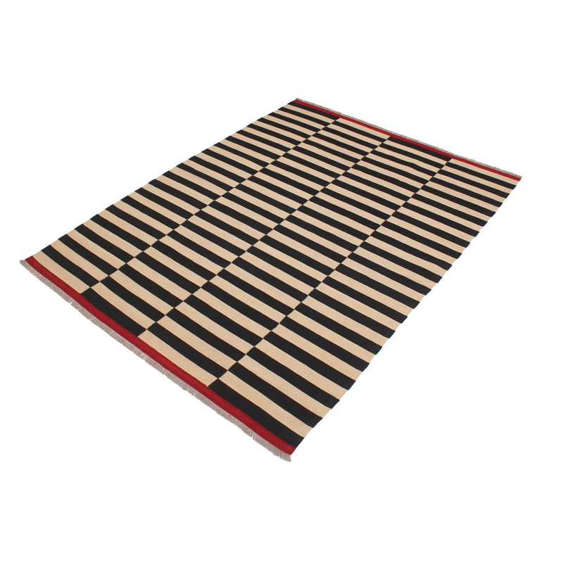 Tapis géométrique beige / noir en laine noué à la main à motif géométrique 5 pi 7 po x 8 pi 1 po Cedorah