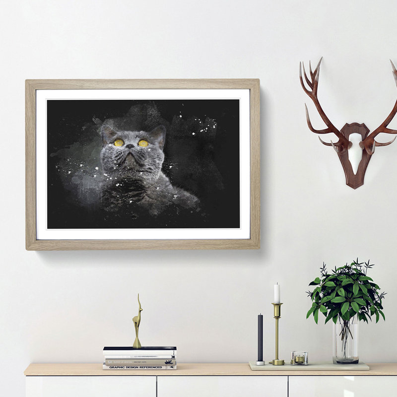 British Shorthair Cat In The Shadows Paint Splash - Picture Frame Graphic Art, 45cm H x 63cm W x 2cm D, Oak Framed