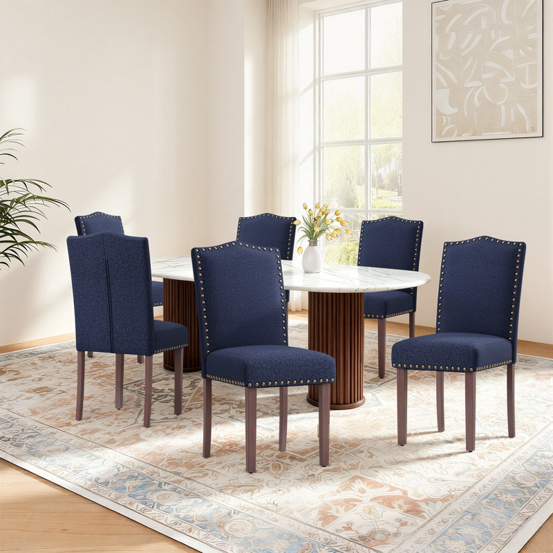 Modern Soft Linen Fabric 6'' Thickened Upholstered Dining Chair with Solid Wood Legs, Nailhead Trim, Ergonomic High Back