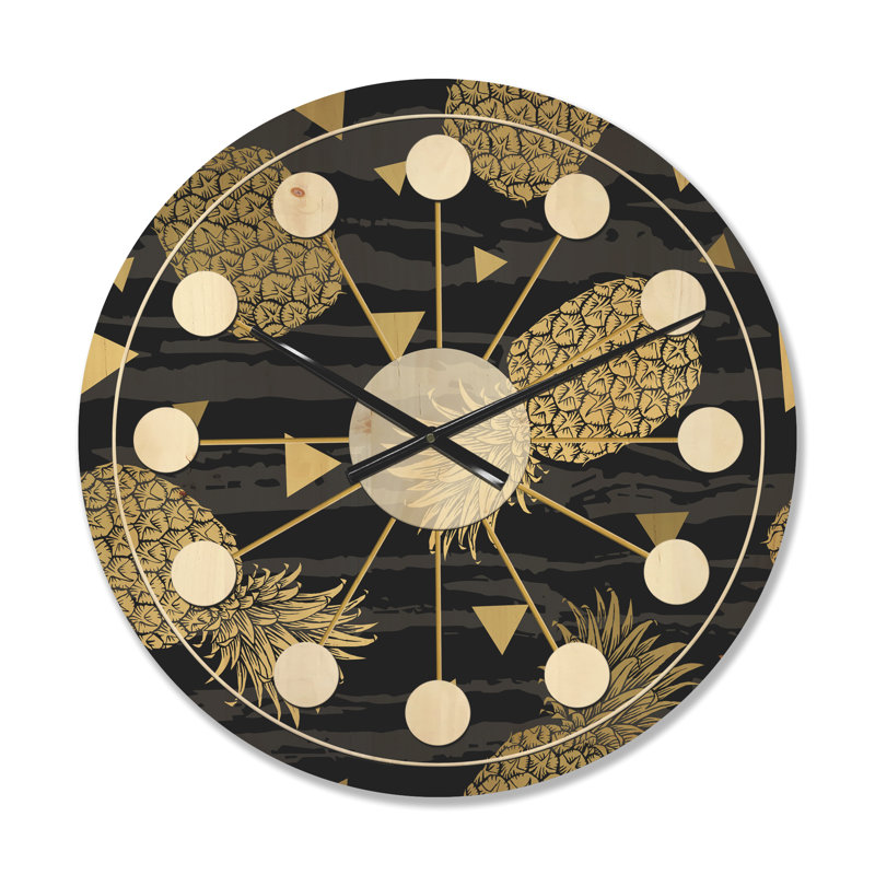 Horloge murale Mid-Century en bois doré et ananas doré, Moyen