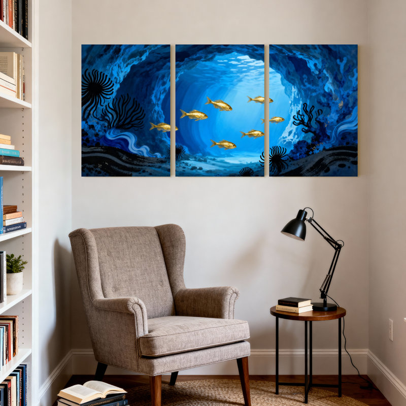 Scène sous-marine avec poisson doré et corail, ensemble de 3 impressions sur toile, H 18 po x l 36 po