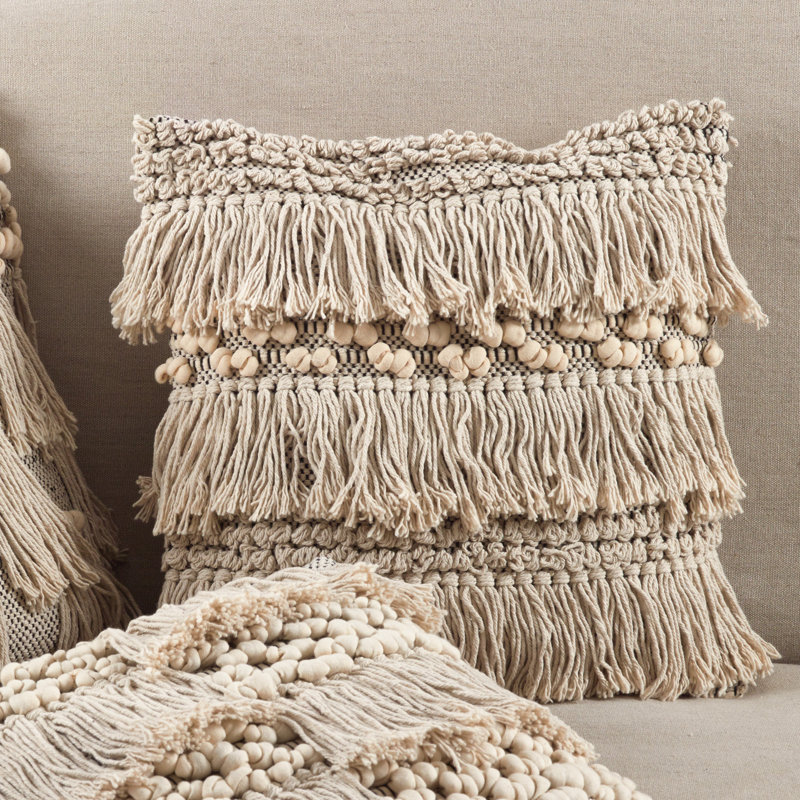 Ivory Cotton Fringe Moroccan Wedding Blanket Throw Pillow