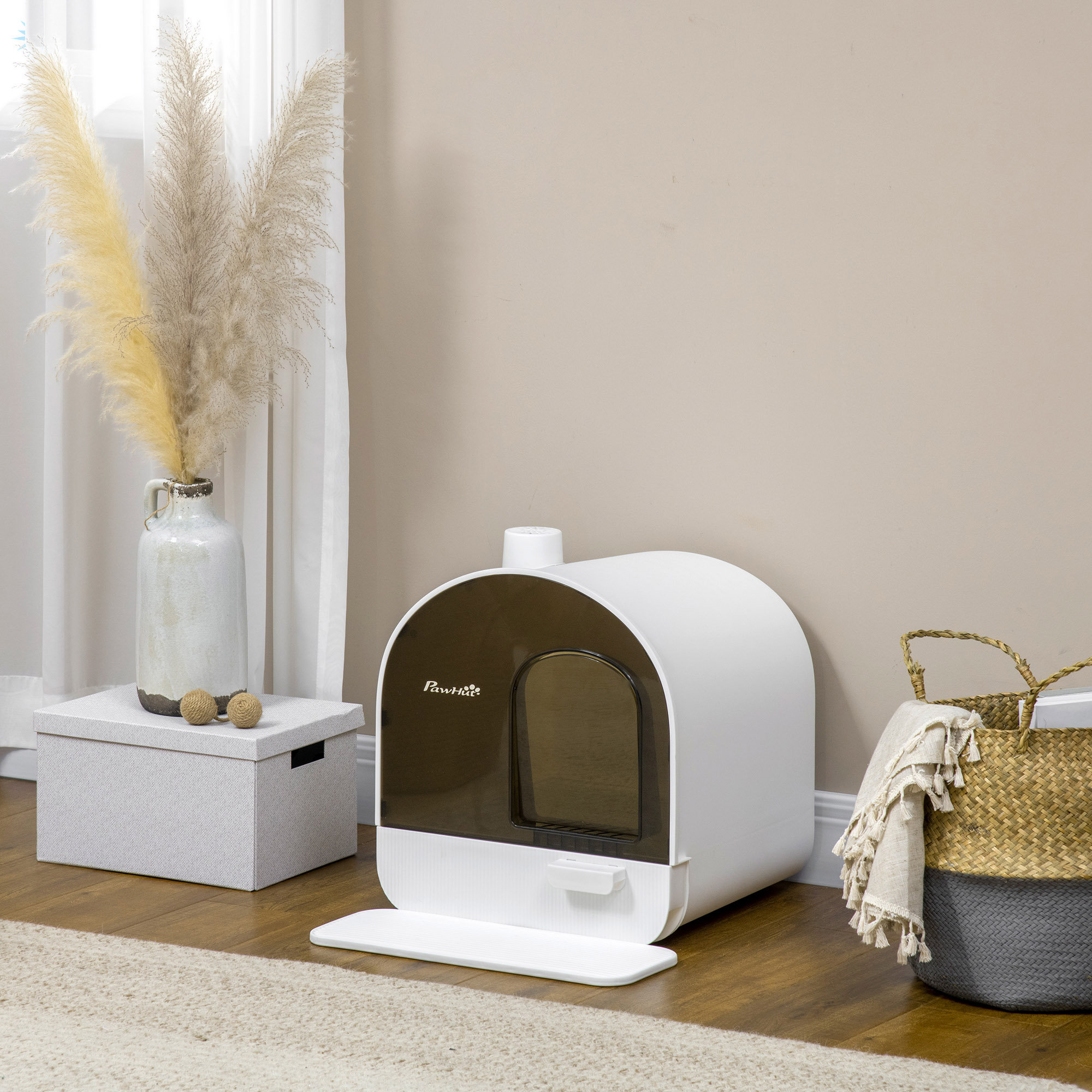 Sabrina Cat Litter Box With Lid, Covered Litter Box For Indoor Cats With Tray, Scoop, Filter, 17 X 17.25" X 18.5"", White