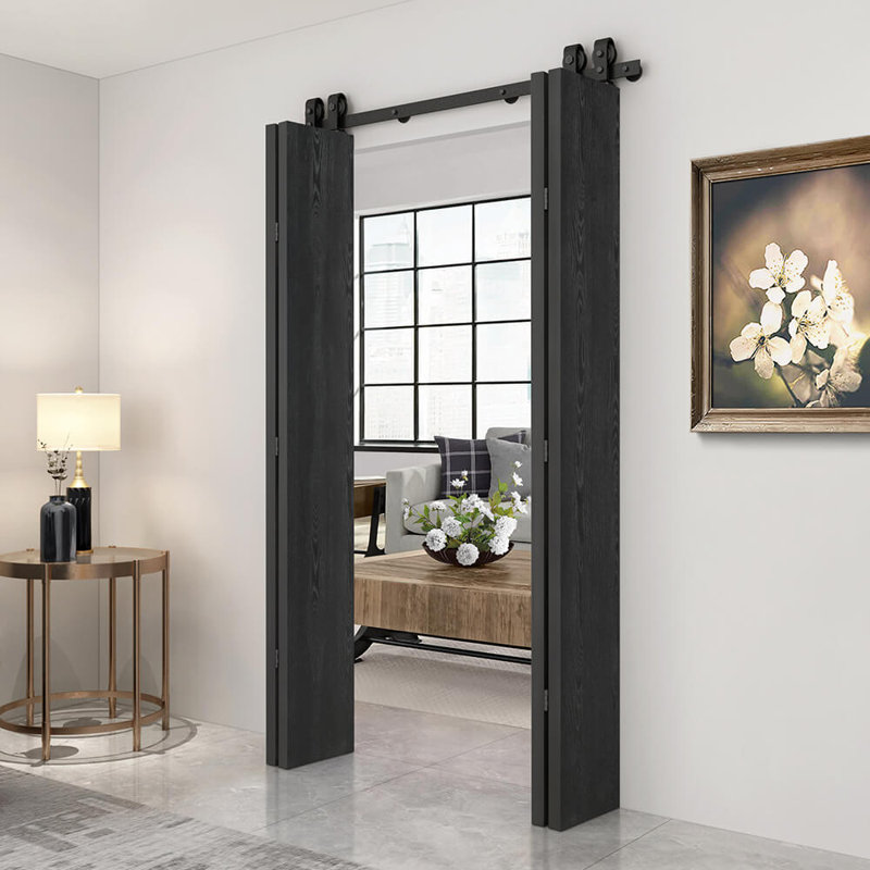 Hollow Core Black Composite Texture Double Bi-Fold Door with Sliding Barn Door Hardware Kit, 68" x 86", 2