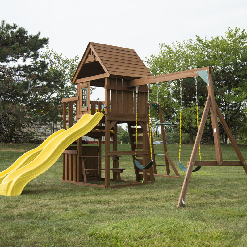 Castlebrook Large Wooden Play Swing Set with Slides and Clubhouse