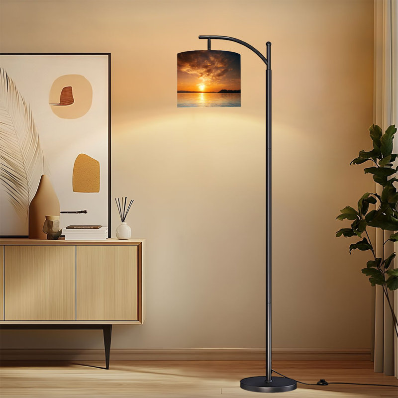 Lampe sur pied à arc avec abat-jour réglable Sunset Water Lake Sea Cloud Sunlight Island Lampadaire 3 températures de couleur à intensité variable avec poteau pour la chambre à coucher