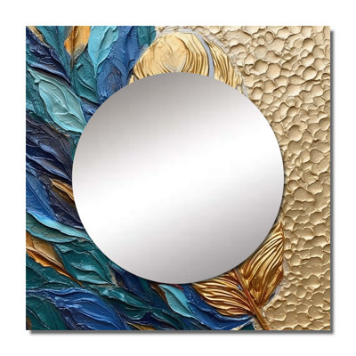 Boho Glam Exquisite Gold On Blue Feather Paintingv - Feathers Square Mirror For Wall Art Decor