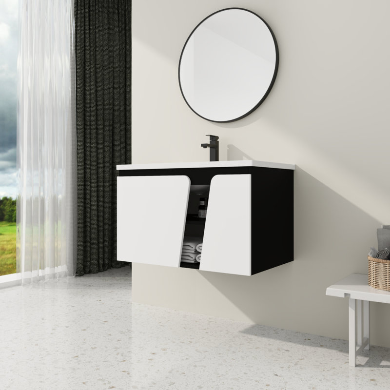 Meuble-lavabo flottant mural avec lavabo simple, 32", Blanc/Noir