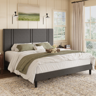 Modern Low-Profile Velvet Upholstered Platform Bed Frame With Headboard