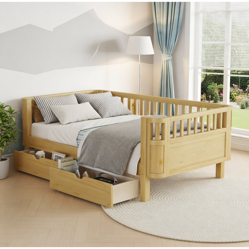 Lit plateforme en bois avec rangement spacieux, rails de sécurité, Naturel, Lit simple