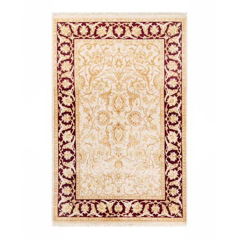 Tapis noué à la main de conception unique ivoire / rouge / beige 4 pi 1 po x 6 pi 3 po