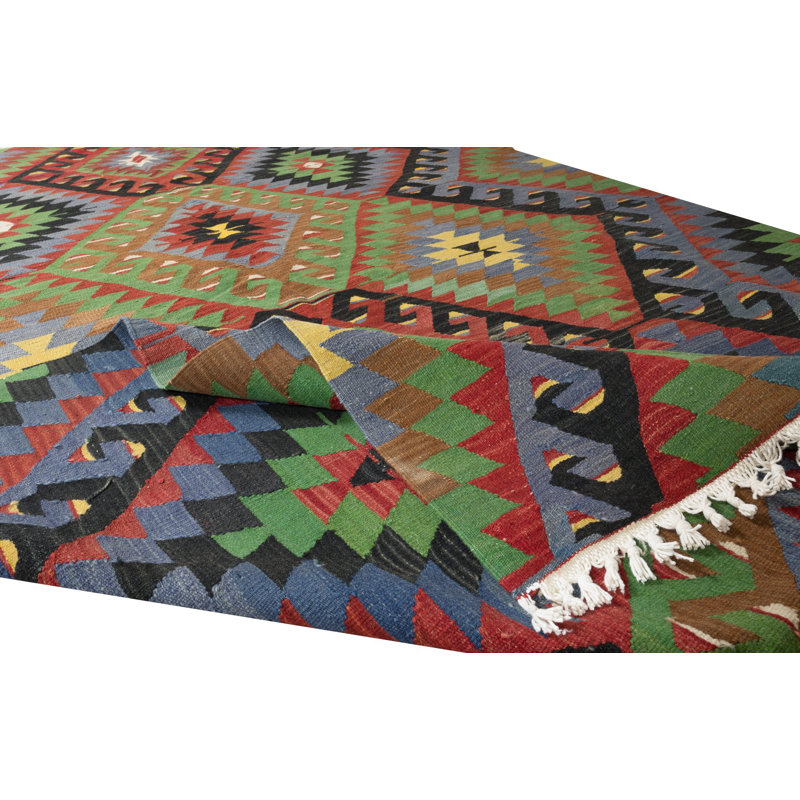 Tapis turc en laine fabriqué à la main multicolore 5,6 x 9,3 pi, tapis à tissage plat unique en son genre, revêtement de sol