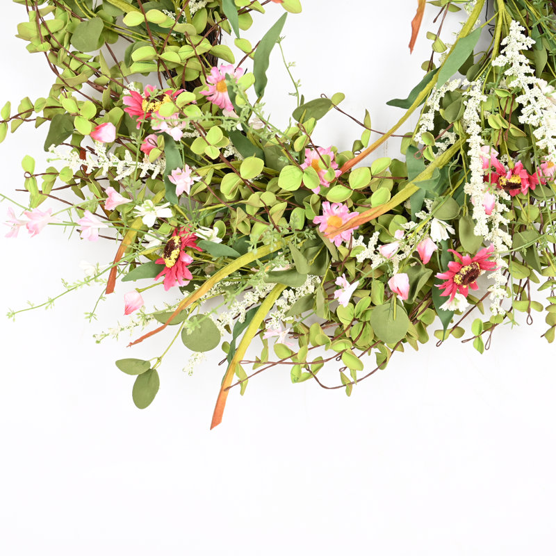 26" Artificial Farmhouse Twig Berry Blossoms Cluster Greenery Mini Eucalyptus Daisy Spring Summer Wreath For Front Door